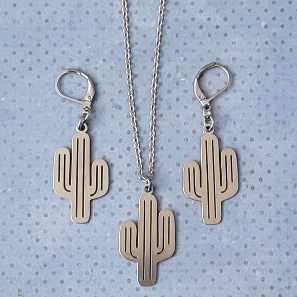 CACTUS Stainless Steel Charm Chain 18" Necklace Earrings Set Western Cowgirl - Picture 2 of 11